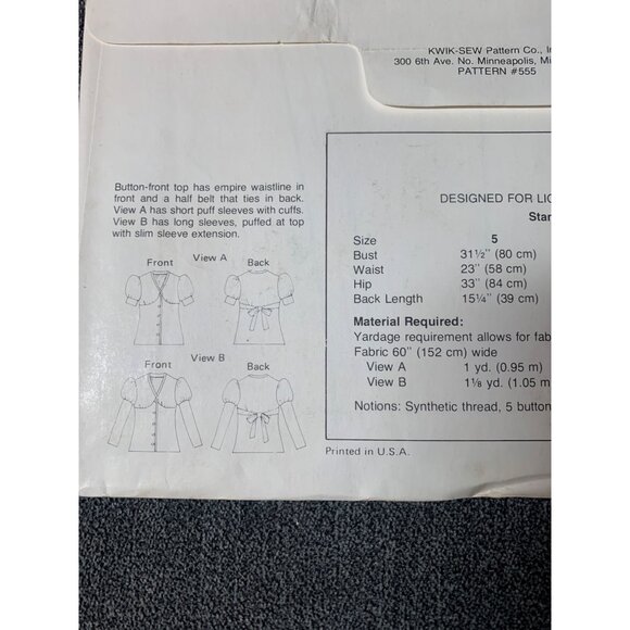 Kwik Sew Misses Blouse Sewing Pattern sz 5-11 555 - uncut - Picture 5 of 10